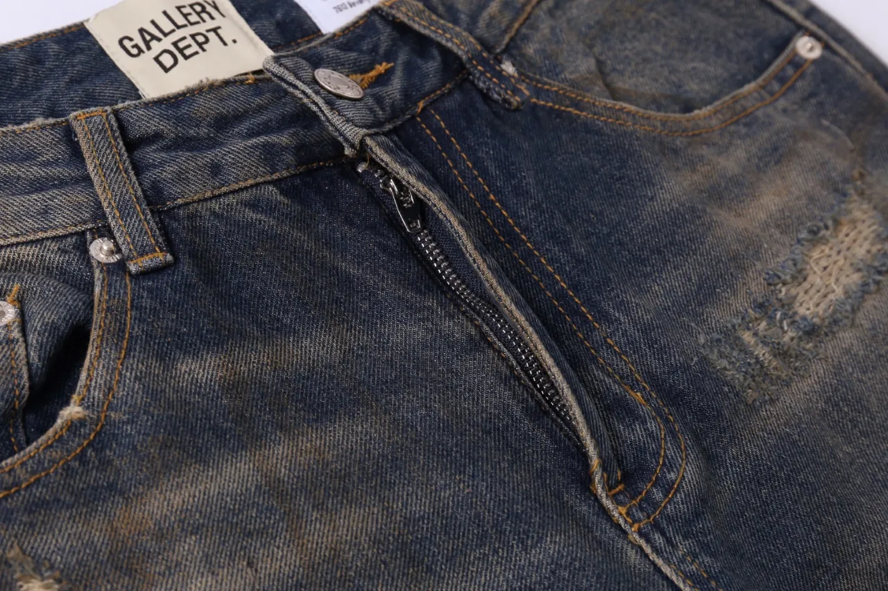 655#Gallery Dept New Retro Splashed Ink Hole Embroidery Washed Small Straight Leg Jeans American High Street Casual Trousers Washed Blue S～XL P240